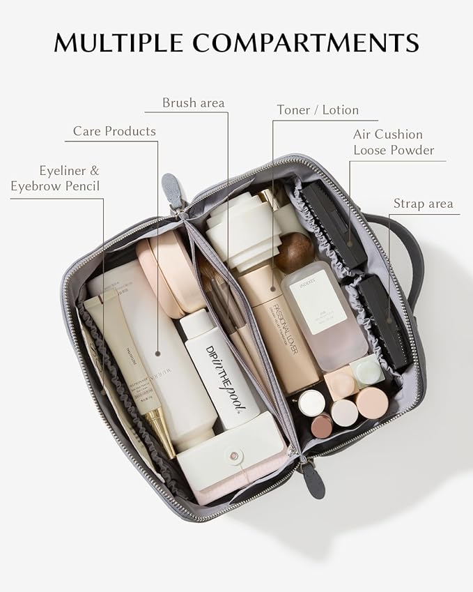 EACHY Leather Makeup Bag, Portable 180° Wide-Open Flat Cosmetic Bag for Women, Large Capacity Make Up Organizer Makeup Pouch with Divider and Handle