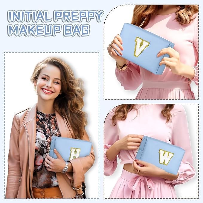TOPEAST Birthday Gifts for Women, Personalized Initial Makeup Pouch Leather Waterproof Cosmetic Bag Birthday Gifts for Women (Sky Blue A)