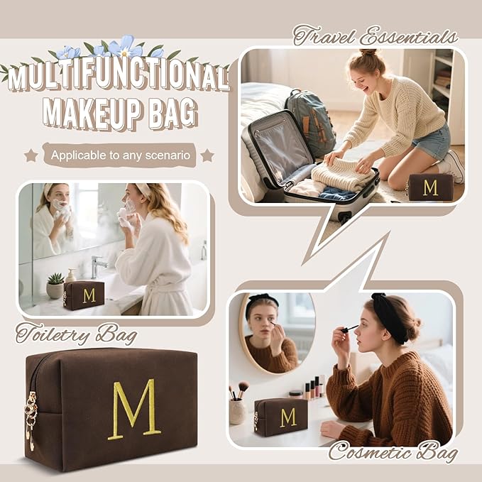 Personalized Initial Makeup Bag,Preppy Suede Cosmetic Bag for Teen Girls,Small Monogram Travel Toiletry Bag With Gold Embroidered Letter,Trendy Stuff Custom Christmas Gift for Women(Coffee-M)