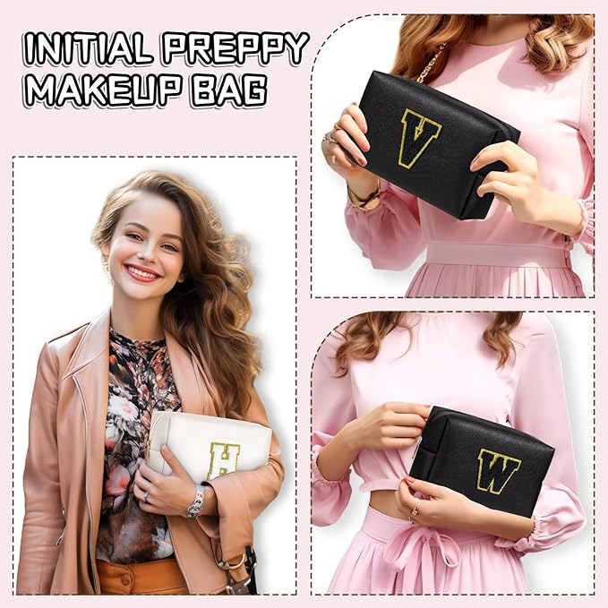 TOPEAST Preppy Small Makeup Bag, Chenille Letter Pouch Cosmetic Bag With Zipper, PU Leather Waterproof Toiletry Bag, Personalized Birthday Gift for Women, Cute Stuff for Girls (Black D)