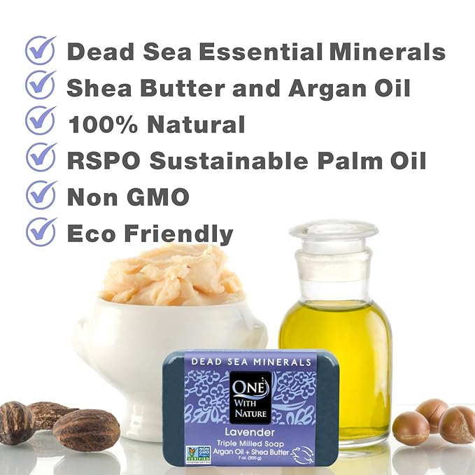 One With Nature Dead Sea Salt Lavender Soap 4oz 3-Pack – Soothing and Exfoliating Soap Bar with Dead Sea Minerals for Face & Body, for Men & Women