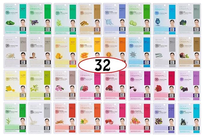 Korean Collagen Face Mask – Hydrating & Soothing Sheet with Panthenol, Hypoallergenic Calming Moisture Care for All Skin Types, 32 Combo Pack A+B Set