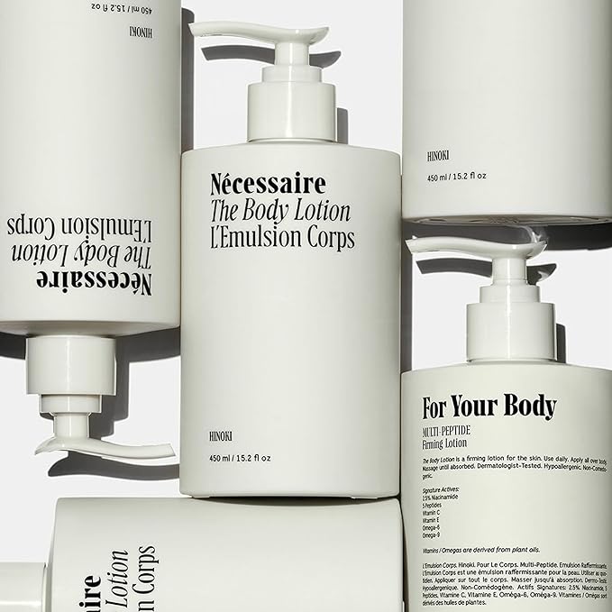 Nécessaire The Body Lotion with Pump – Hinoki Scented Body Moisturizer with Peptides, Niacinamide, Vitamins C/E & Omega 6/9 – Skin-Firming Daily Hydration – Dermatologist-Tested, Vegan – 15.2 oz