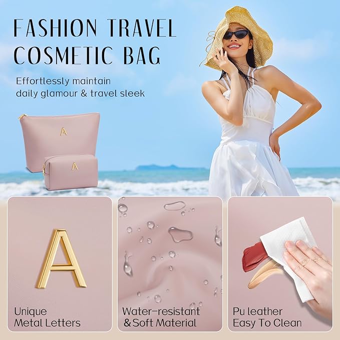 Women Gifts | Initial Makeup Bag Set for Girl Personalized Gifts for Bridesmaid Friend Graduation Teachers PU Leather Cosmetic Travel Toiletry Bag(Pink,A)