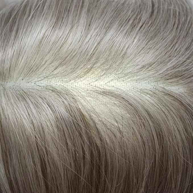 FACE MIRACLE Toupee for Men French Lace Hairpiece Human Hair Replacement System Skin PU Mens Toupee Hair Wigs for Man V-Looped Front Hair Prosthesis 6"X8" #580 5# MEDIUM LIGHT BROWN WITH 80% GREY
