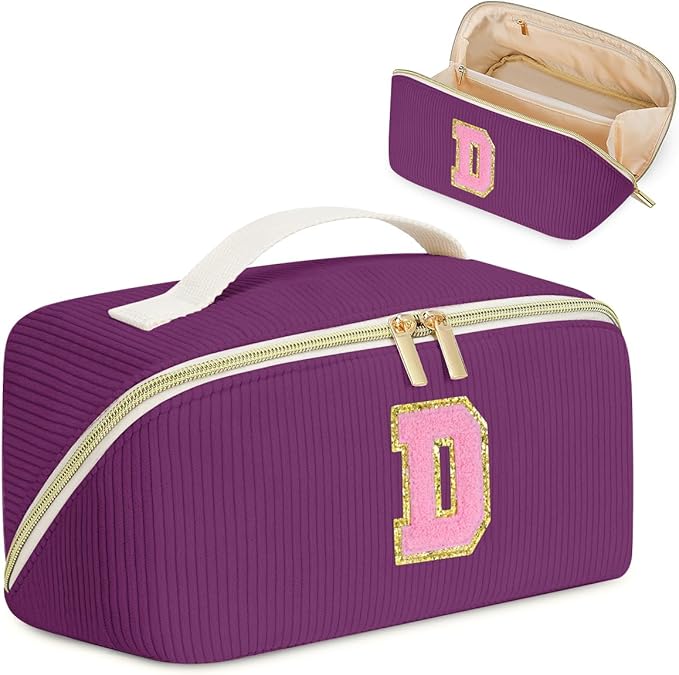 Personalized Initial Makeup Bag,Christmas Gifts for Girl,Preppy Bag Cosmetic Travel Bag Women,Travel Toiletry Organizer,Large Capacity Corduroy Stuff Bag,Cute Cosmetic Pouch Skincare Bag-D
