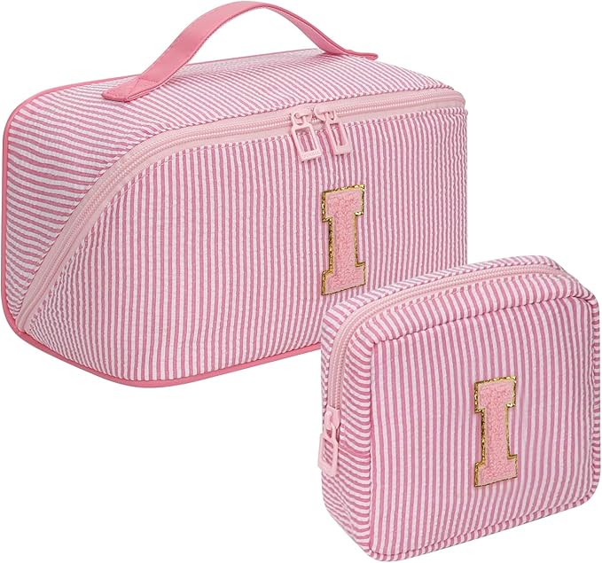 Travel Makeup Bag for Women, 2Pcs Portable Personalized Initial Makeup Organizer Bag, Open Flat Large Cosmetic Bag With Travel Essential Pouch (Pink Letter I)