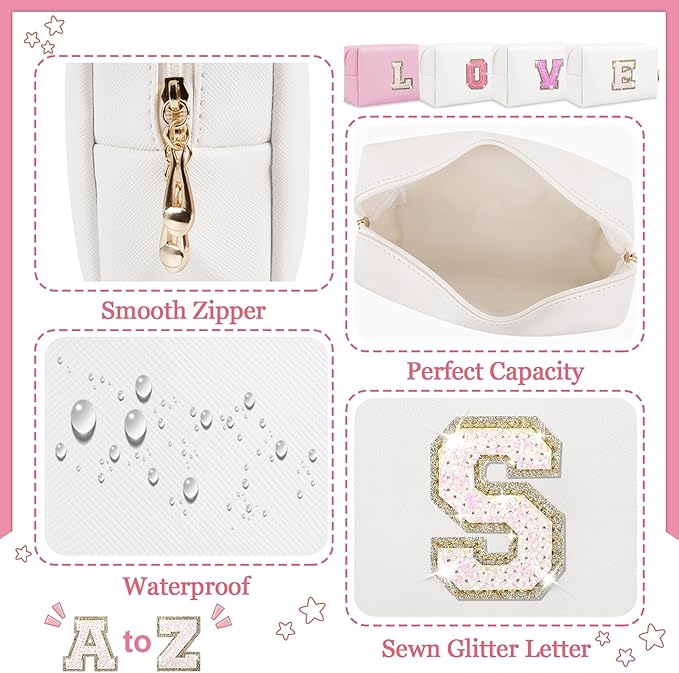 Personalized Initial Letter Makeup Bag, Small Glitter Letter Patch Cosmetic Pouch Zipper, Preppy Makeup Organizer PU Waterproof Travel Toiletry Bag, Monogrammed Birthday Gift for Women Girls
