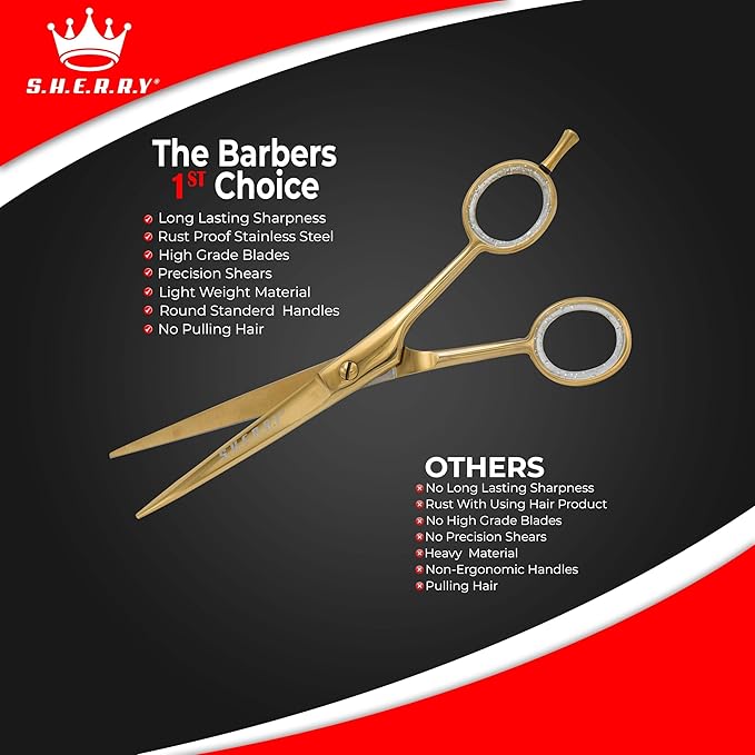 Professional Barber Shears 6” – High Carbon Stainless Steel Hair Cutting Scissors with Razor Sharp Edge for Salon & Home Use by S.H.E.R.R.Y (Gold, 6 inches)