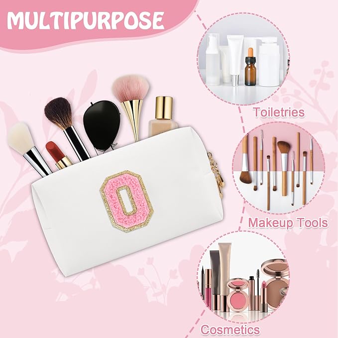 Small Cute Initial Preppy Makeup Bag, Personalized Cosmetic Zipper Pouch Chenille Letter Toiletry Bags for Traveling, Waterproof PU Makeup Case Organizer Travel Essentials for Sister Friends(Letter O)