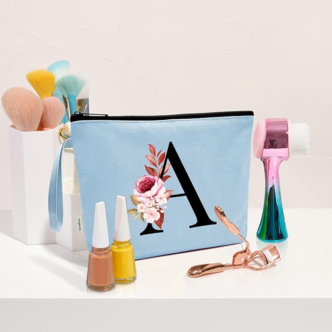 Vavabox A-Z Personalized Makeup Bag, Birthday Gifts for Women Mom, Gifts for Best Friend, Bride Bridesmaid Cosmetic bag (I, Blue)