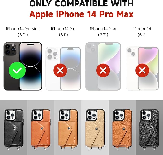 LUCKYCOIN Crossbody Wallet Phone Case for iPhone 14 Pro Max,100% Genuine Leather Wallet Phone Case with Expandable Flip Card Holder,Phone Purse for Women with Adjustable Removable Strap - Tan