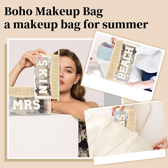 Small Boho Straw Clear Beach Makeup Bags for Women&Girls, Zipper Cosmetic Bag Chenille Varsity Letter Patch Bag, Preppy Cute Toiletry Pouch, Trendy Organizer Storage Bag for Beach Travel Essentials