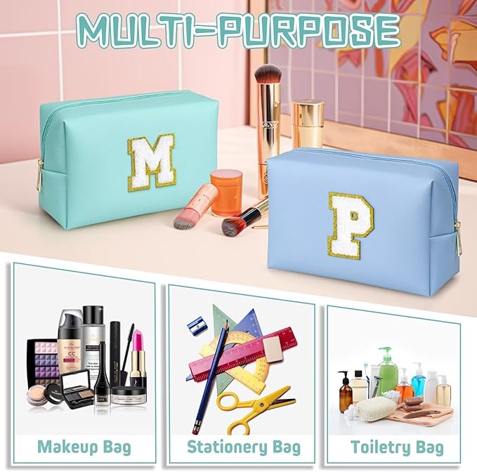 TOPEAST Initial Cosmetic Bag for Women, Preppy Small Makeup Bag, PU Leather Waterproof Toiletry Bag, Monogrammed Birthday Gifts for Women, Stuff for girls (Blue S)