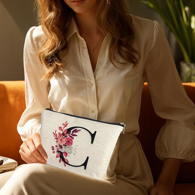 Initial A-Z Personalized Floral Makeup Bag, Monogrammed Birthday Gifts for Women Mom, Mothers Day Christmas Gift Ideas for Best Friend, Bride Bridesmaid, Her, Grandma, Small Travel Cosmetic Bag (C)