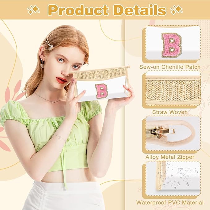 Small Boho Straw Initial Letter Makeup Bag Personalized Gift ,Cute Clear Chenille Patch Makeup Bag With Zipper,Trendy TSA Approved Travel Toiletry Bag,Gift for Women Girls Birthday Friend, Letter B