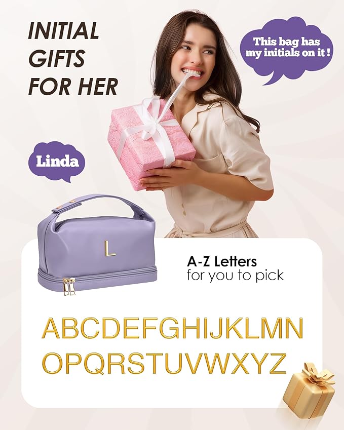 Gifts for Women, Personalized Makeup Bag with Handle, Initial Double Layer Cosmetic Bag with Makeup Brush Organizer, PU Leather Travel Toiletry Bag, Gifts for Friends Female Mom