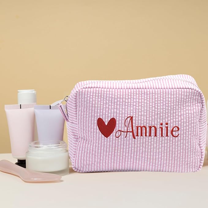 Custom Makeup Bag Personalized Cosmetic Bag Cute Seersucker Travel Toiletry Bag for Women Embroidered Bag Organizer for Bride Makeup Bag Gift Balck
