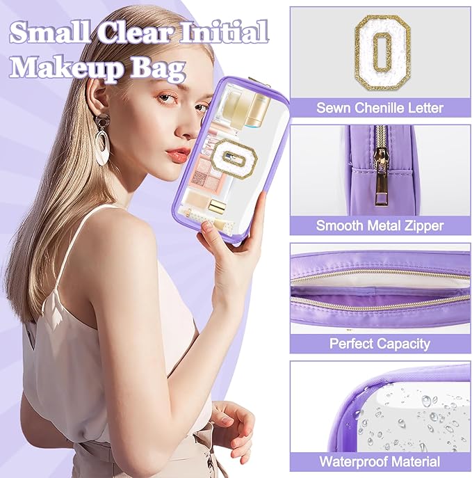 Small Clear Personalized Initial Makeup Bag,Preppy Nylon A-Z Chenille Letter Patch Makeup Organizer TSA Approved Travel Toiletry Bag,Waterproof Zip Beach Cosmetic Pouch Purse for Women(Purple-White O)
