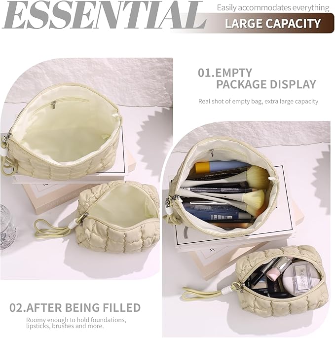 Richeart Makeup Bag Travel Toiletry Bag - Checkered Down Cotton Makeup Pouch for Women with Cosmetic and Pencil, Aesthetic Khaki Design, Large