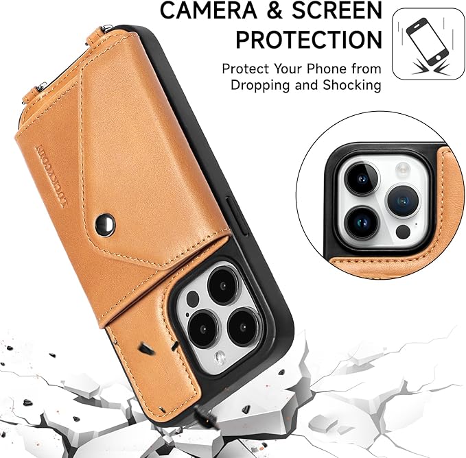 LUCKYCOIN Crossbody Wallet Phone Case for iPhone 14 Pro,100% Genuine Leather Wallet Phone Case with Expandable Flip Card Holder,Phone Purse for Women with Adjustable Removable Strap - Tan