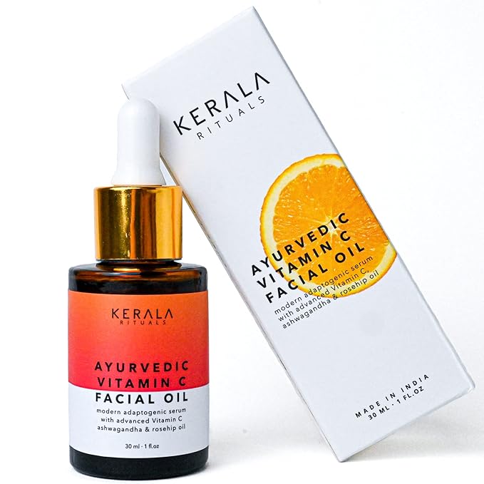 Ayurvedic Vitamin C Face Oil with Rosehip Oil, Bakuchiol, Ashwagandha, and Squalane, Hydrating, Brightening, and Repairing Serum for Dark Spots, Fine Lines, and Wrinkles, Clean Luxury Skincare