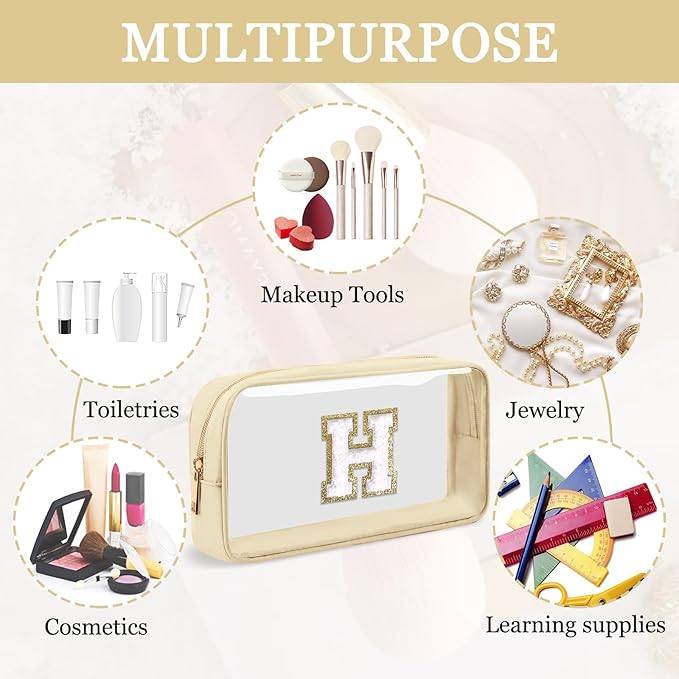 Small Clear Personalized Initial Makeup Bag,Nylon Preppy A-Z Chenille Letter Patch Cosmetic Pouch Beach Toiletry Bag,Waterproof Zipper Travel Purse Storage Bag Organizer for Women Girls(Beige-White H)