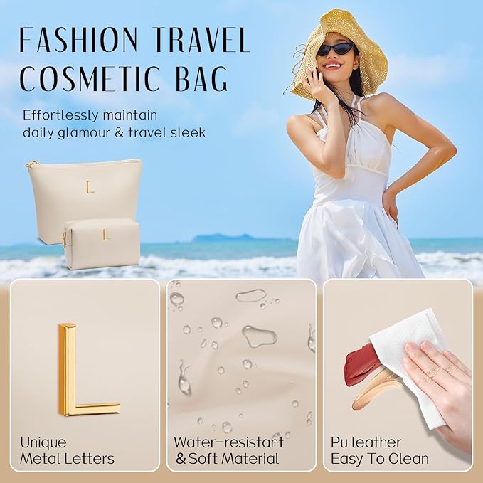 Women Gifts | Initial Makeup Bag Set for Girl Personalized Gifts for Bridesmaid Friend Graduation Teachers PU Leather Cosmetic Travel Toiletry Bag(Beige,L)