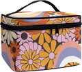 Hippie Daisy 70s 80s Wavy Swirl Design Makeup Bags for Women Large Capacity Toiletry Organizer Bags Portable Tote Cosmetic Pouch with Carry Handle and Brushes Slots Travel Sccessories