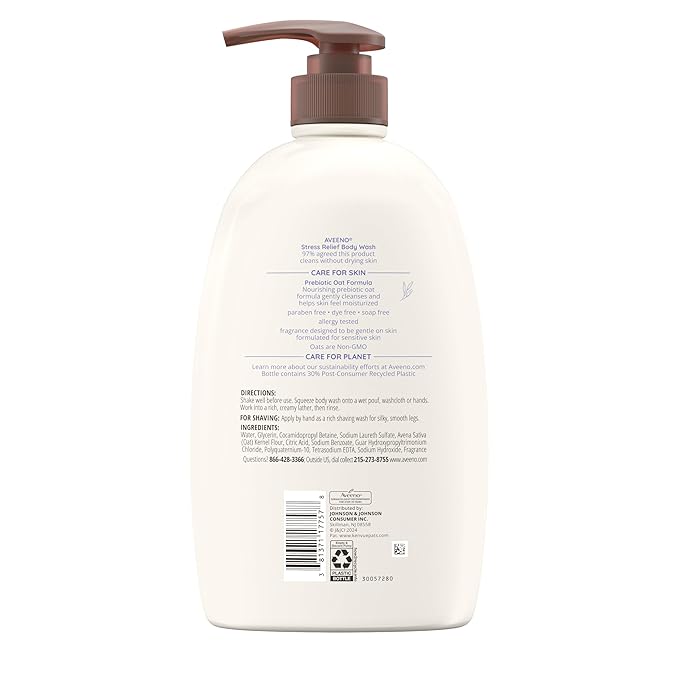 Aveeno Stress Relief Body Wash for Women, Calming Lavender Scent & Prebiotic Oat, Cleanser for Sensitive Dry Skin, Paraben, Dye & Soap-Free, 33 Fl Oz
