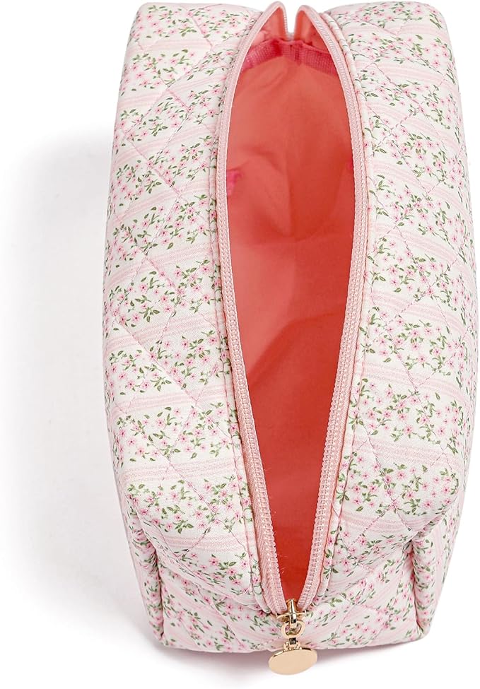 JOVAKIT Square Makeup Bag Cute Cosmetic Bag for Women, Floral Coquette Aesthetic Toiletry Bag, Zipper Make Up Pouch, Travel Make Up Organizer Bag (Pink+Blue Floral)