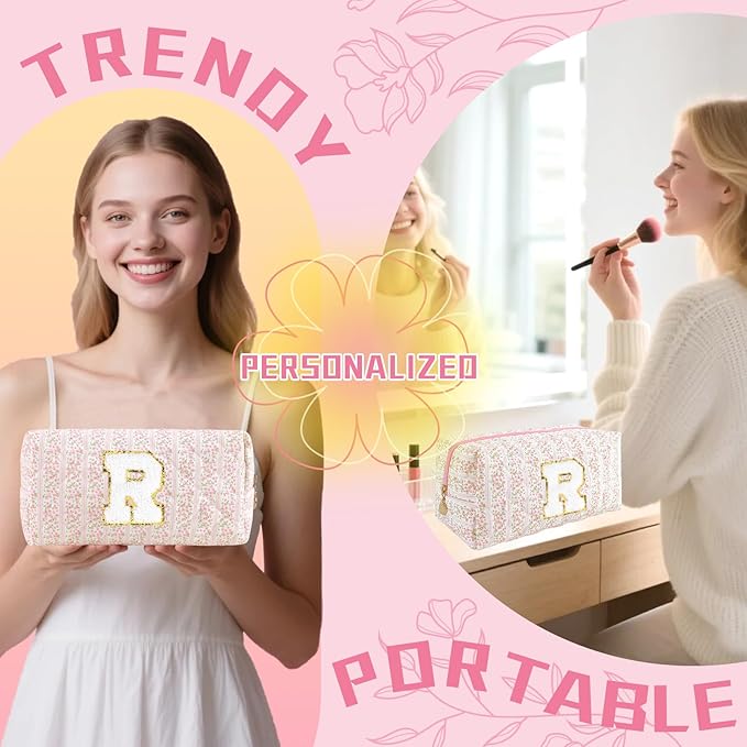 Personalized Quilted Cosmetic Bag, Puffy Monogrammed Christmas Birthday Gifts for Women & Girls, Cute initial Floral Makeup Bag Puffer Coquette Bag, Aesthetic Travel Toiletry Zipper Pouch(Pink,R)