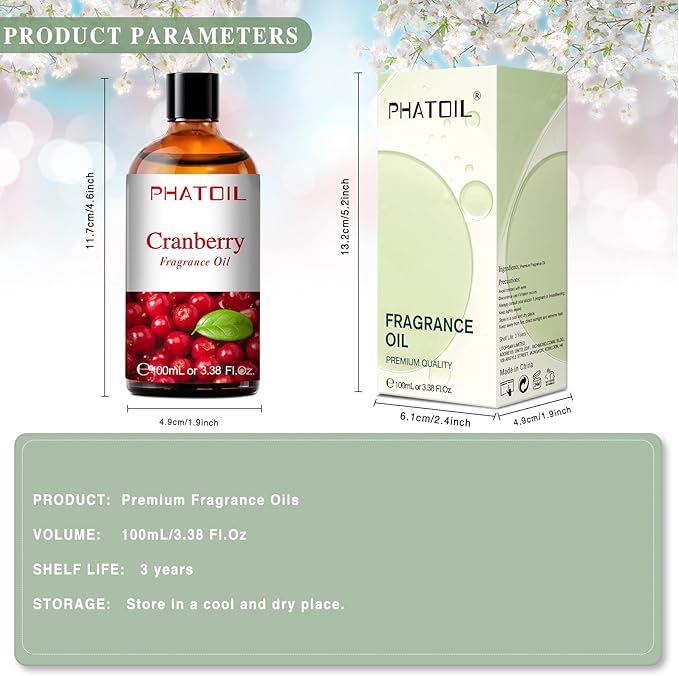 PHATOIL 3.38FL.OZ Cranberry Fragrance Oils for Aromatherapy, Essential Oils for Diffusers for Home, Perfect for Diffuser, Yoga, Skin Care, DIY Candle and Soap Making - 100ml