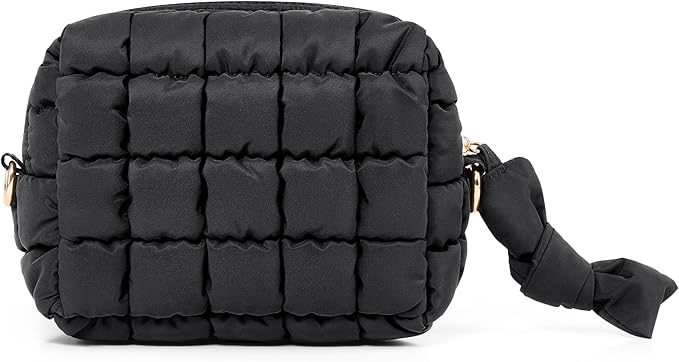 Yarnic Quilted Makeup Bag Cosmetic Bag, Travel Toiletry Bag for Women, Cute Makeup Bag Organizer Puffer Makeup Pouch (S, Black)