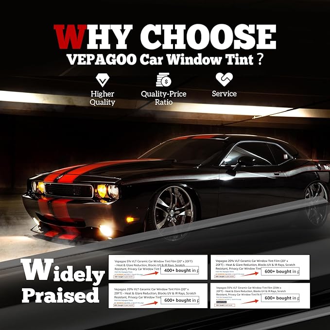 Vepagoo 5% VLT Ceramic Car Window Tint Film (20" x 30FT) - Heat & Glare Reduction, Blocks UV & IR Rays, Scratch Resistant, Privacy Car Window Tint Fit for Sedan SUV