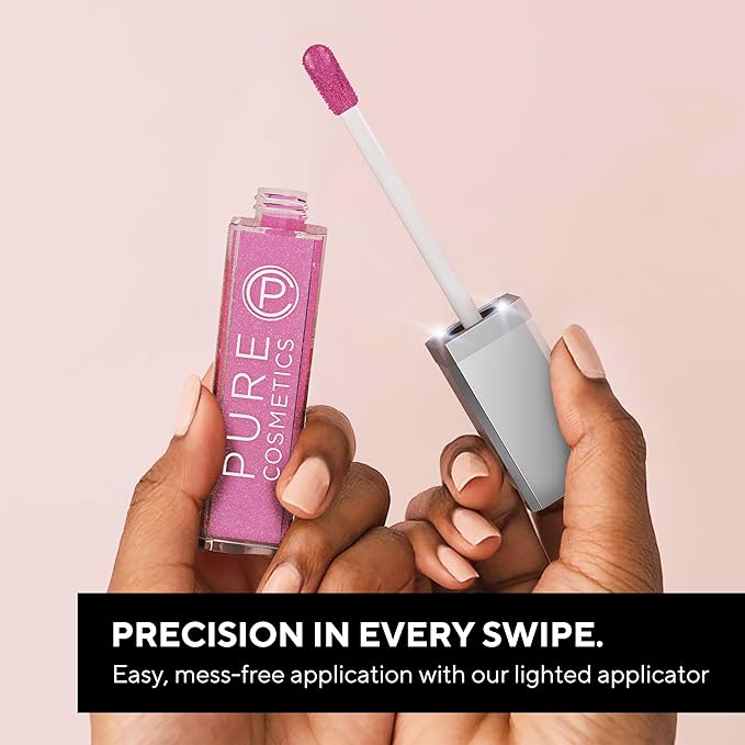 Pure Illumination Light-Up Lip Gloss with LED-Lit Applicator Brush + Side Mirror, Non-Sticky, Moisturizing Hydrating Lip Glosses with Lanolin, Jojoba Oil, & Vitamin E, Wine Berry