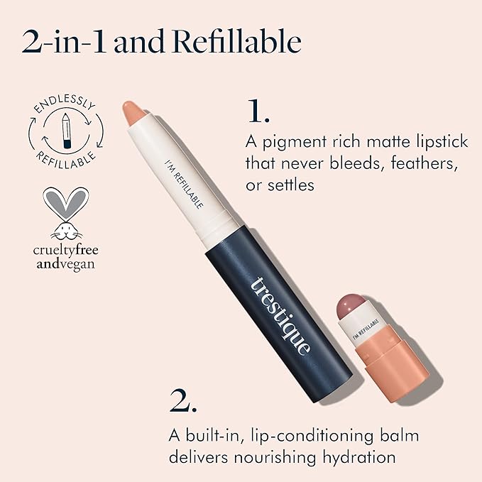 TRE'STIQUE trestique Matte Lip Crayon, Matte Lipstick With Built-in Lip Gloss Balm, 2-in-1 Lip Liner Set With Lip Crayon and Lip Balm, Lipstick and Lip Gloss Kit (Pacific Peony Refillable)