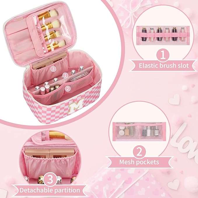OCHEAL Makeup Bag for Women, Monogram Cosmetic Bag with Brush Holder, Pink Travel Makeup Case Beauty Toiletry Bag Organizer Personalized Gifts for Girls Bridesmaid, Sister, Wife, Friends Initial M