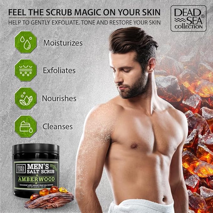 Salt Body Scrub Amberwood For Men – Moisturizes, Exfoliates & Nourishes Skin – Cleanses & Detoxifies with Dead Sea Minerals - Dead Sea Collection – 23.28 OZ