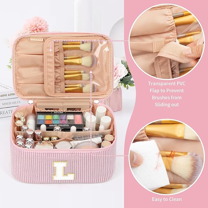 OCHEAL Makeup Bag for Women, Monogram Cosmetic Bag with Brush Holder, Pink Travel Makeup Case Beauty Toiletry Bag Organizer Personalized Gifts for Girls Bridesmaid, Sister, Wife, Friends Initial L