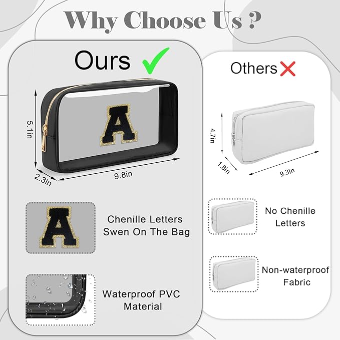 Personalized Initial Letter Clear Makeup Bag,Preppy Small Nylon&PVC Cosmetic Zipper Bag with Chenille Letter,Travel Skincare Toiletry Bag,Monogram Christmas Gift for Teen Girls Women,R