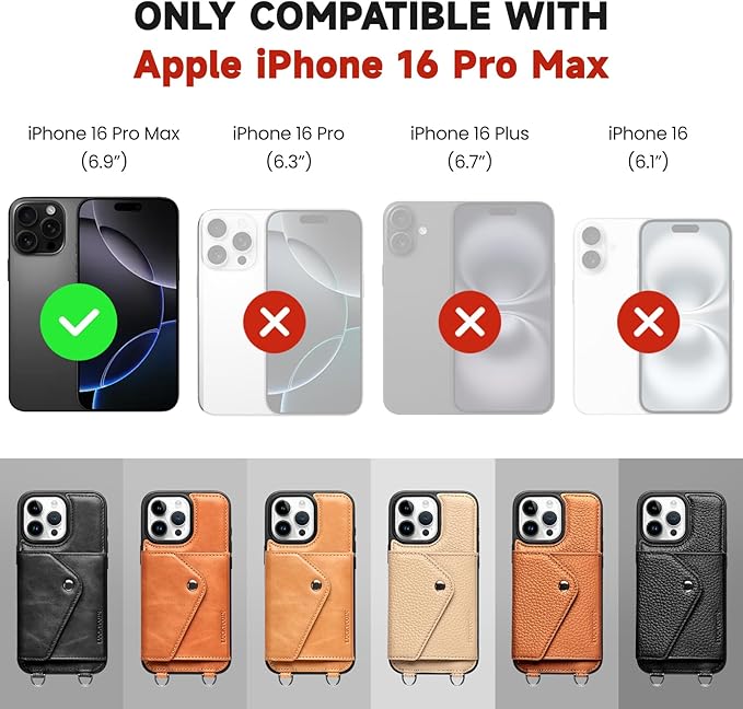 LUCKYCOIN Crossbody Wallet Phone Case for iPhone 16 Pro Max,100% Genuine Leather Wallet Phone Case with Expandable Flip Card Holder,Phone Purse for Women with Adjustable Removable Strap - Brown