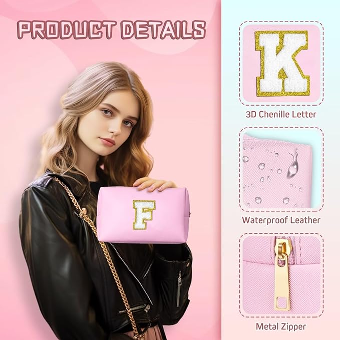 TOPEAST Birthday Gifts for Girls, Travel Makeup Bag Chenille Letter Pouch Cosmetic Bag, Makeup Travel Organizer, Monogrammed Bridesmaid Gifts for Women, Cute Stuff for Girls (Pink J)