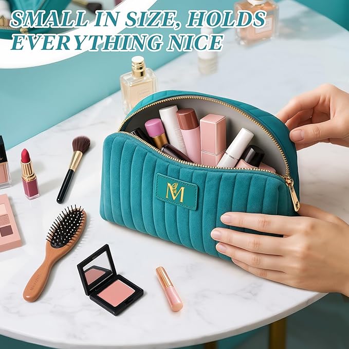 Monogrammed Make Up Bags for Women,Personalized Cosmetic Bags Women,Small Quilted Makeup Pouch,Cute Makeup Bag Travel,Birthday Gifts for Teen Girl (Blue M)