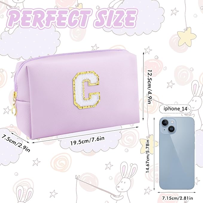 Gifts for Girls Initial Makeup Bag Personalized Cosmetic Bag with Zipper Cute Travel Toiletry Bag Waterproof PU Preppy Makeup Pouch Birthday Gift for Teen Girls Women(Purple C)