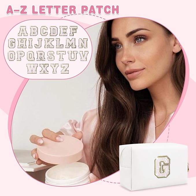 Small Initial Patch Makeup Bag Personalized Gifts Make Up Bag,White Cute PU Leather Glitter Letter Cosmetic Bag with Zipper,Trendy Portable Travel Toiletry Pouch,Preppy Stuff for Teen Girls Women G