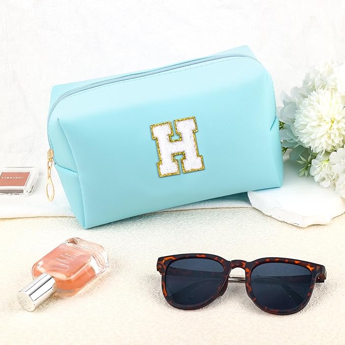 Gifts for Girls Initial Makeup Bag Personalized Cosmetic Bag with Zipper Cute Travel Toiletry Bag Waterproof PU Preppy Makeup Pouch Birthday Gift for Teen Girls Women(Blue H)