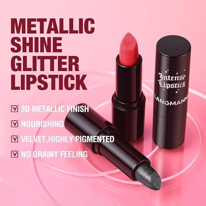 Jolilab 2 Pcs Sparkling Lipstick Lip Gloss Long Lasting Waterproof Moisturizer Lip Balm Glitter Shimmer Metallic, Diamond Shiny Bold Glow Goth Lipstick for Women Girls, Non-sticky