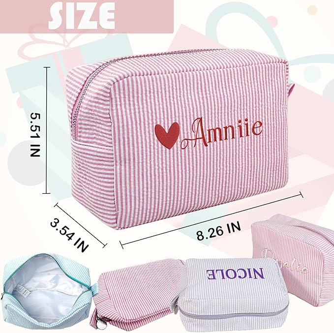 Custom Makeup Bag Personalized Cosmetic Bag Cute Seersucker Travel Toiletry Bag for Women Embroidered Bag Organizer for Bride Makeup Bag Gift Green
