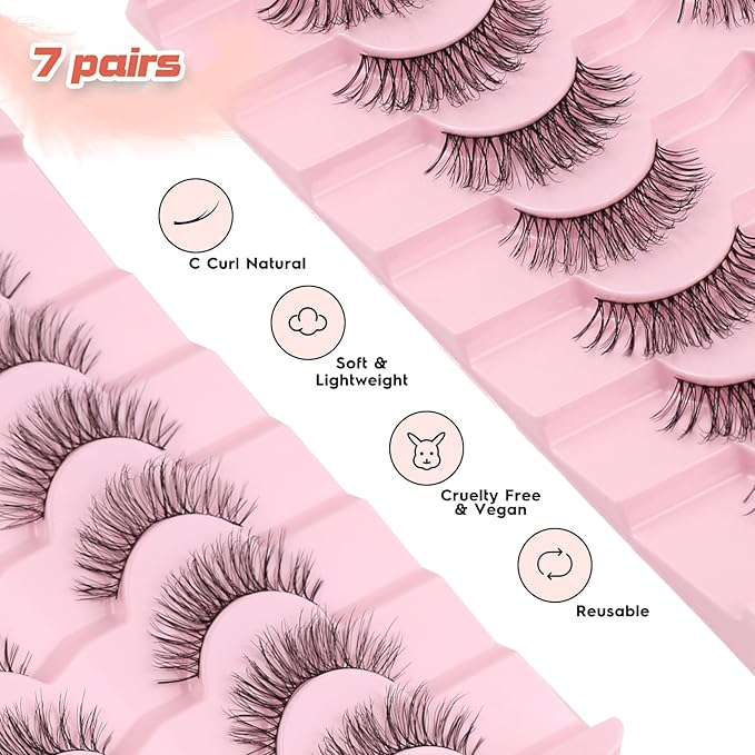 Eyelashes Natural Look 13MM False Lashes 3D Volume Strip Lashes Pack with Memory Band C Curl Fake Eyelashes Wispy Siligli Eye Lash 7 Pair